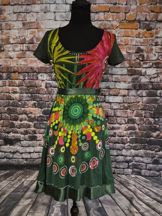 Desigual Dresses & Skirts - Desigual Green Floral and Pink Accent Midi Dress